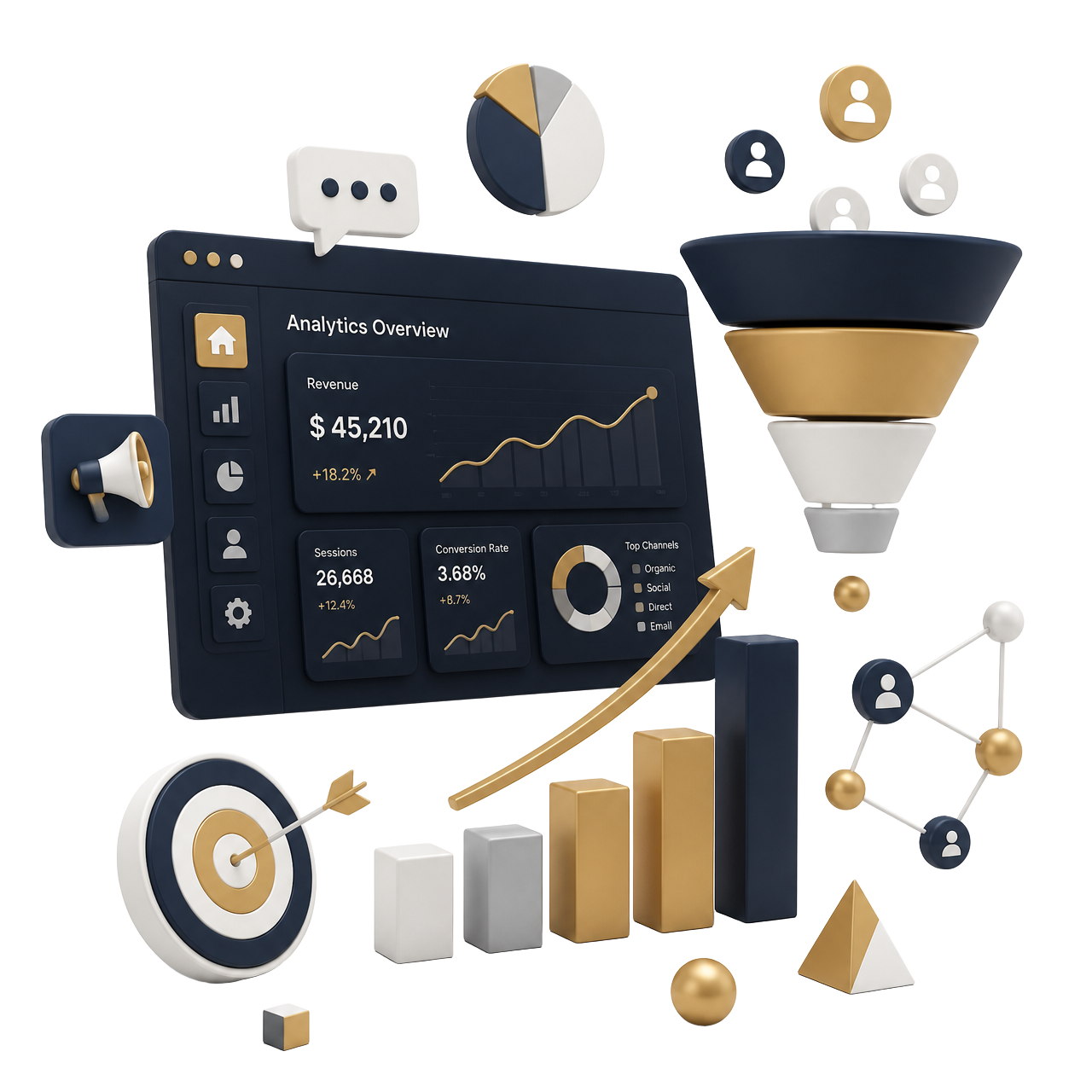 3D analytics dashboard, marketing funnel and growth chart illustration